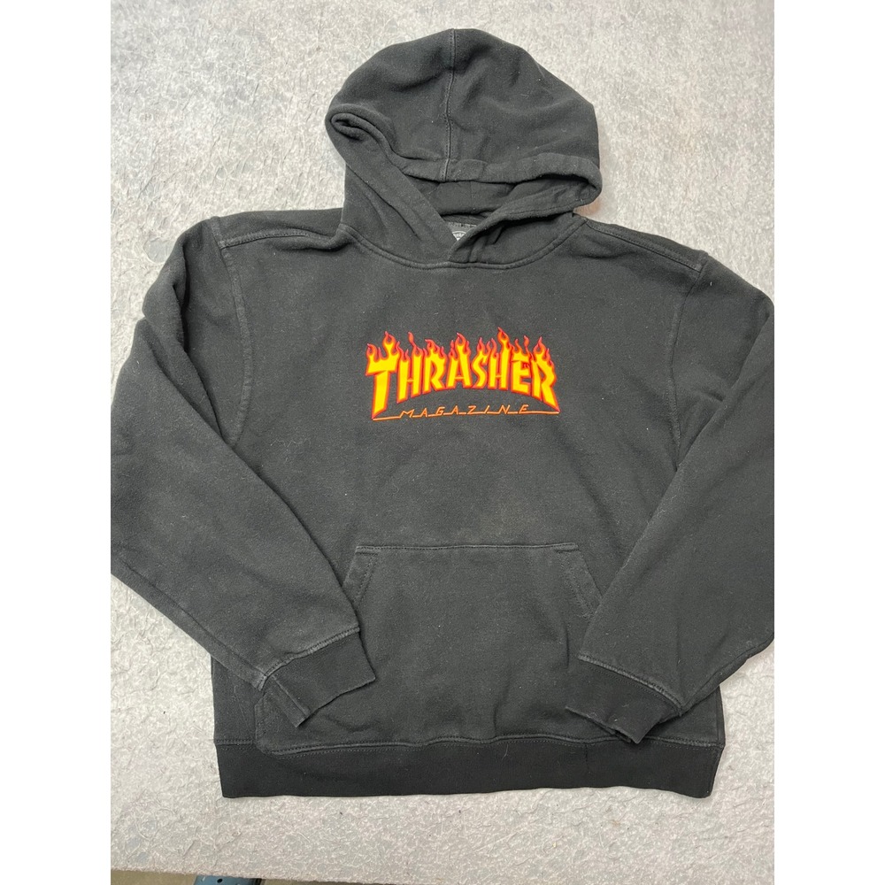 Thrasher Magazine Flame‎ Logo Hoodie Black Kids L 10 Fleece Sweatshirt Skate